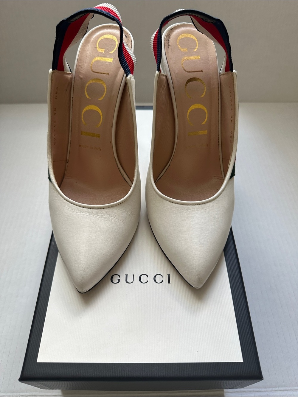 Gucci White Leather Sylvia Elastic Slingback Heels  Box & Two Dust Bags